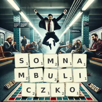 Kreatywna ilustracja do gry w Scrabble ze słowem SOMNAMBULICZKO ułożonym z płytek na planszy.