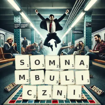 Kreatywna ilustracja do gry w Scrabble ze słowem SOMNAMBULICZNI ułożonym z płytek na planszy.