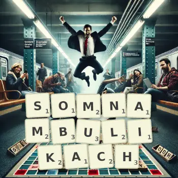 Kreatywna ilustracja do gry w Scrabble ze słowem SOMNAMBULIKACH ułożonym z płytek na planszy.