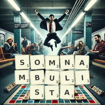 Kreatywna ilustracja do gry w Scrabble ze słowem SOMNAMBULISTA ułożonym z płytek na planszy.