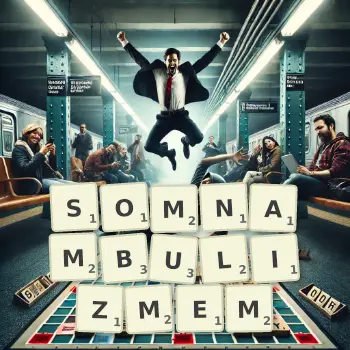 Kreatywna ilustracja do gry w Scrabble ze słowem SOMNAMBULIZMEM ułożonym z płytek na planszy.