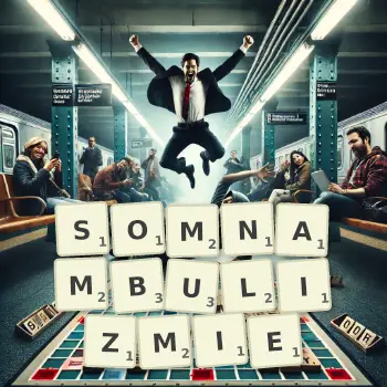 Kreatywna ilustracja do gry w Scrabble ze słowem SOMNAMBULIZMIE ułożonym z płytek na planszy.