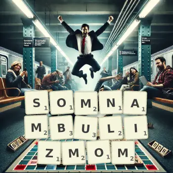 Kreatywna ilustracja do gry w Scrabble ze słowem SOMNAMBULIZMOM ułożonym z płytek na planszy.