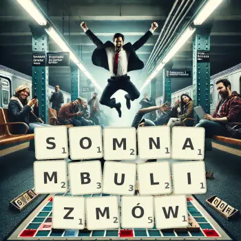 Kreatywna ilustracja do gry w Scrabble ze słowem SOMNAMBULIZMÓW ułożonym z płytek na planszy.