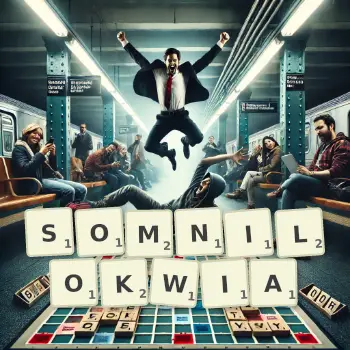 Kreatywna ilustracja do gry w Scrabble ze słowem SOMNILOKWIA ułożonym z płytek na planszy.
