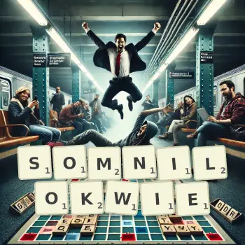 Kreatywna ilustracja do gry w Scrabble ze słowem SOMNILOKWIE ułożonym z płytek na planszy.