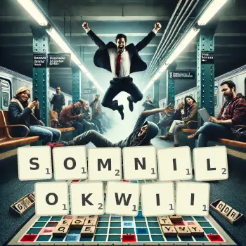 Kreatywna ilustracja do gry w Scrabble ze słowem SOMNILOKWII ułożonym z płytek na planszy.