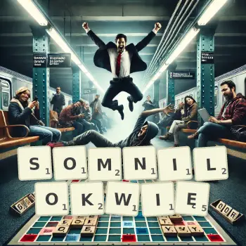 Kreatywna ilustracja do gry w Scrabble ze słowem SOMNILOKWIĘ ułożonym z płytek na planszy.