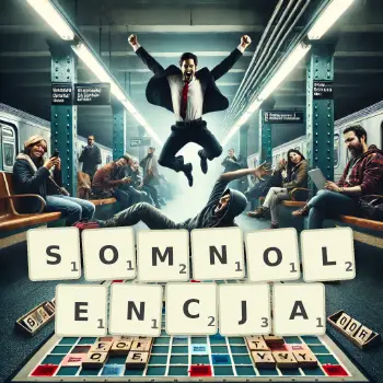 Kreatywna ilustracja do gry w Scrabble ze słowem SOMNOLENCJA ułożonym z płytek na planszy.
