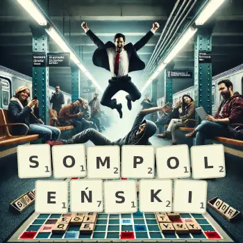 Kreatywna ilustracja do gry w Scrabble ze słowem SOMPOLEŃSKI ułożonym z płytek na planszy.
