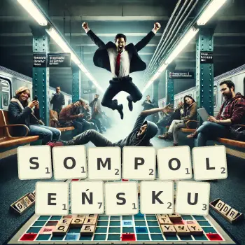 Kreatywna ilustracja do gry w Scrabble ze słowem SOMPOLEŃSKU ułożonym z płytek na planszy.