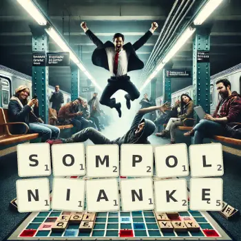 Kreatywna ilustracja do gry w Scrabble ze słowem SOMPOLNIANKĘ ułożonym z płytek na planszy.