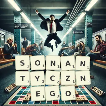 Kreatywna ilustracja do gry w Scrabble ze słowem SONANTYCZNEGO ułożonym z płytek na planszy.