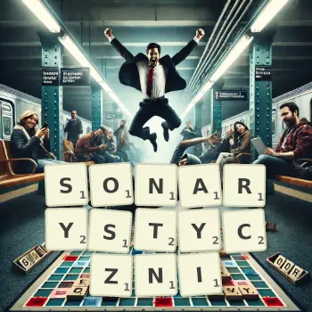 Kreatywna ilustracja do gry w Scrabble ze słowem SONARYSTYCZNI ułożonym z płytek na planszy.