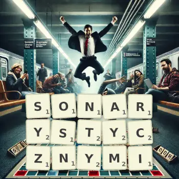 Kreatywna ilustracja do gry w Scrabble ze słowem SONARYSTYCZNYMI ułożonym z płytek na planszy.