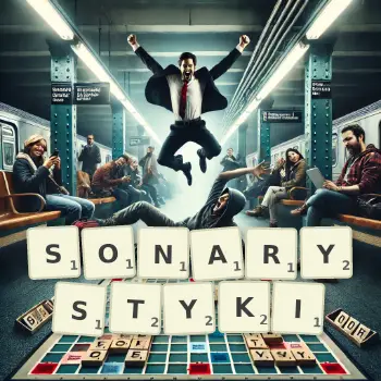 Kreatywna ilustracja do gry w Scrabble ze słowem SONARYSTYKI ułożonym z płytek na planszy.