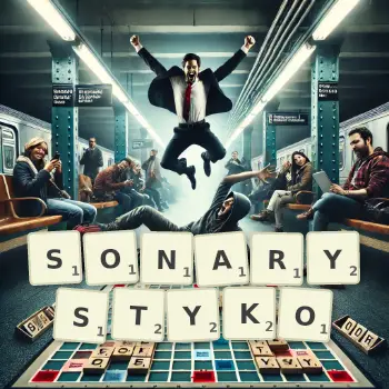 Kreatywna ilustracja do gry w Scrabble ze słowem SONARYSTYKO ułożonym z płytek na planszy.