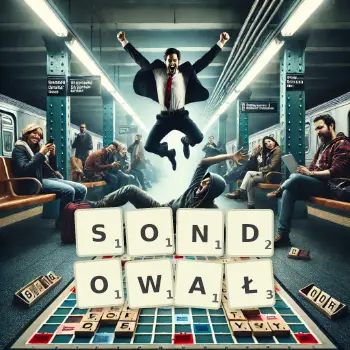 Kreatywna ilustracja do gry w Scrabble ze słowem SONDOWAŁ ułożonym z płytek na planszy.