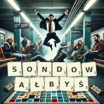 Kreatywna ilustracja do gry w Scrabble ze słowem SONDOWAŁBYŚ ułożonym z płytek na planszy.