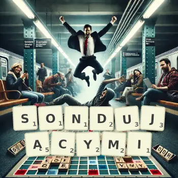 Kreatywna ilustracja do gry w Scrabble ze słowem SONDUJĄCYMI ułożonym z płytek na planszy.