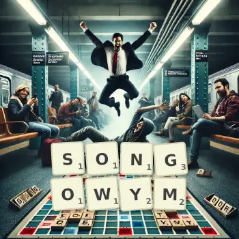 Kreatywna ilustracja do gry w Scrabble ze słowem SONGOWYM ułożonym z płytek na planszy.