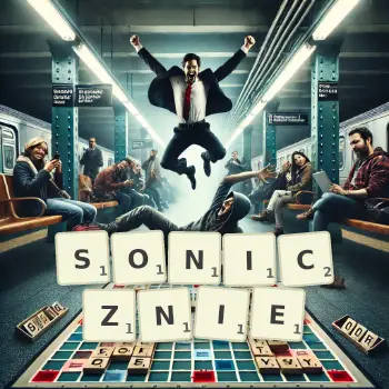 Kreatywna ilustracja do gry w Scrabble ze słowem SONICZNIE ułożonym z płytek na planszy.
