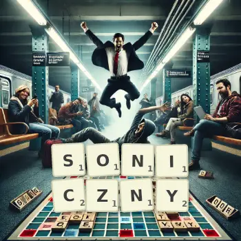 Kreatywna ilustracja do gry w Scrabble ze słowem SONICZNY ułożonym z płytek na planszy.