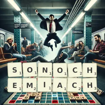 Kreatywna ilustracja do gry w Scrabble ze słowem SONOCHEMIACH ułożonym z płytek na planszy.