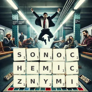 Kreatywna ilustracja do gry w Scrabble ze słowem SONOCHEMICZNYMI ułożonym z płytek na planszy.