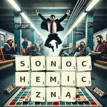 Kreatywna ilustracja do gry w Scrabble ze słowem SONOCHEMICZNĄ ułożonym z płytek na planszy.