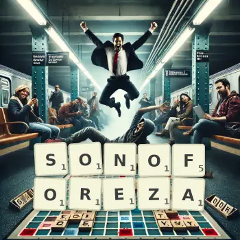 Kreatywna ilustracja do gry w Scrabble ze słowem SONOFOREZA ułożonym z płytek na planszy.