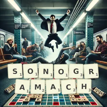 Kreatywna ilustracja do gry w Scrabble ze słowem SONOGRAMACH ułożonym z płytek na planszy.