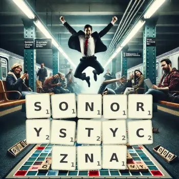 Kreatywna ilustracja do gry w Scrabble ze słowem SONORYSTYCZNA ułożonym z płytek na planszy.