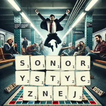 Kreatywna ilustracja do gry w Scrabble ze słowem SONORYSTYCZNEJ ułożonym z płytek na planszy.