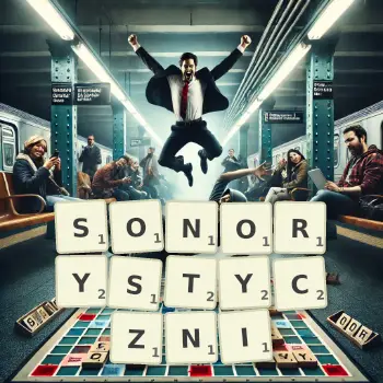 Kreatywna ilustracja do gry w Scrabble ze słowem SONORYSTYCZNI ułożonym z płytek na planszy.