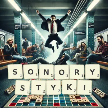 Kreatywna ilustracja do gry w Scrabble ze słowem SONORYSTYKI ułożonym z płytek na planszy.