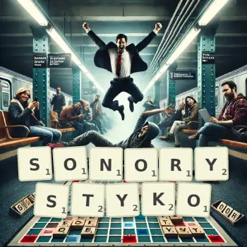 Kreatywna ilustracja do gry w Scrabble ze słowem SONORYSTYKO ułożonym z płytek na planszy.