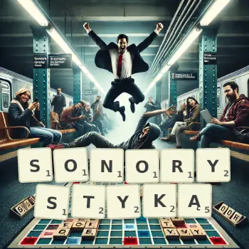 Kreatywna ilustracja do gry w Scrabble ze słowem SONORYSTYKĄ ułożonym z płytek na planszy.