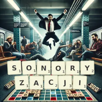 Kreatywna ilustracja do gry w Scrabble ze słowem SONORYZACJI ułożonym z płytek na planszy.