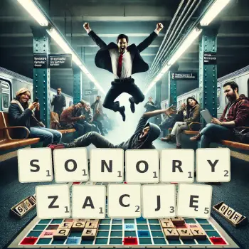 Kreatywna ilustracja do gry w Scrabble ze słowem SONORYZACJĘ ułożonym z płytek na planszy.