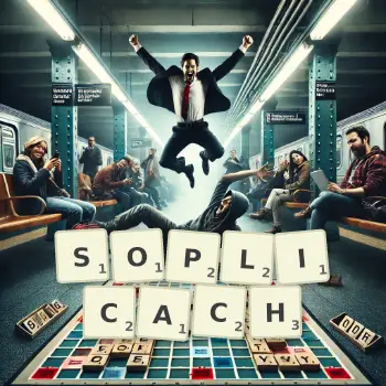 Kreatywna ilustracja do gry w Scrabble ze słowem SOPLICACH ułożonym z płytek na planszy.