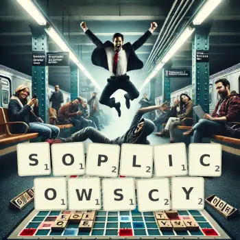 Kreatywna ilustracja do gry w Scrabble ze słowem SOPLICOWSCY ułożonym z płytek na planszy.