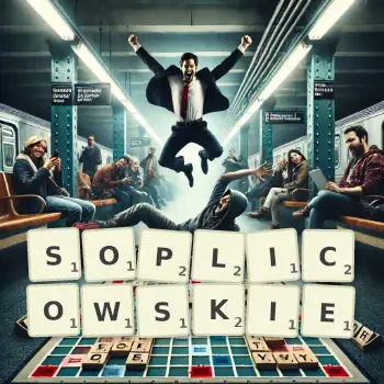 Kreatywna ilustracja do gry w Scrabble ze słowem SOPLICOWSKIE ułożonym z płytek na planszy.