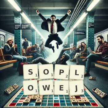 Kreatywna ilustracja do gry w Scrabble ze słowem SOPLOWEJ ułożonym z płytek na planszy.