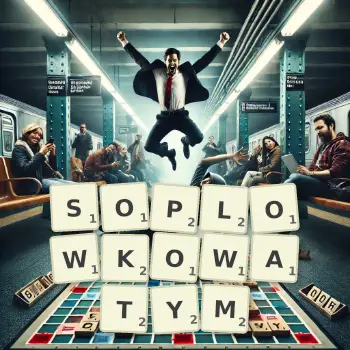 Kreatywna ilustracja do gry w Scrabble ze słowem SOPLOWKOWATYM ułożonym z płytek na planszy.