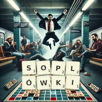 Kreatywna ilustracja do gry w Scrabble ze słowem SOPLÓWKI ułożonym z płytek na planszy.