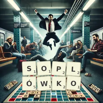 Kreatywna ilustracja do gry w Scrabble ze słowem SOPLÓWKO ułożonym z płytek na planszy.