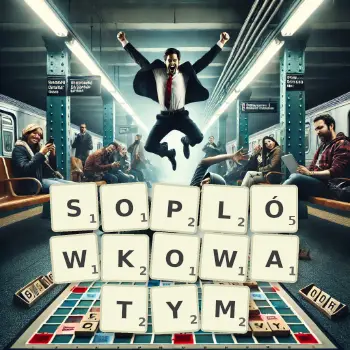 Kreatywna ilustracja do gry w Scrabble ze słowem SOPLÓWKOWATYM ułożonym z płytek na planszy.