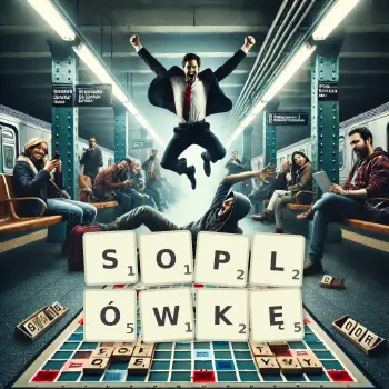 Kreatywna ilustracja do gry w Scrabble ze słowem SOPLÓWKĘ ułożonym z płytek na planszy.