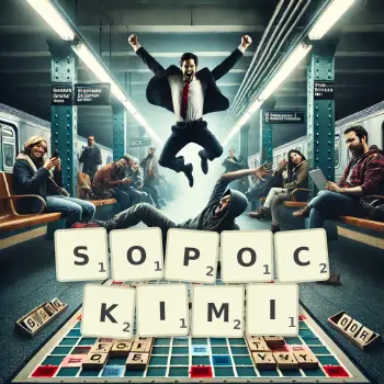 Kreatywna ilustracja do gry w Scrabble ze słowem SOPOCKIMI ułożonym z płytek na planszy.